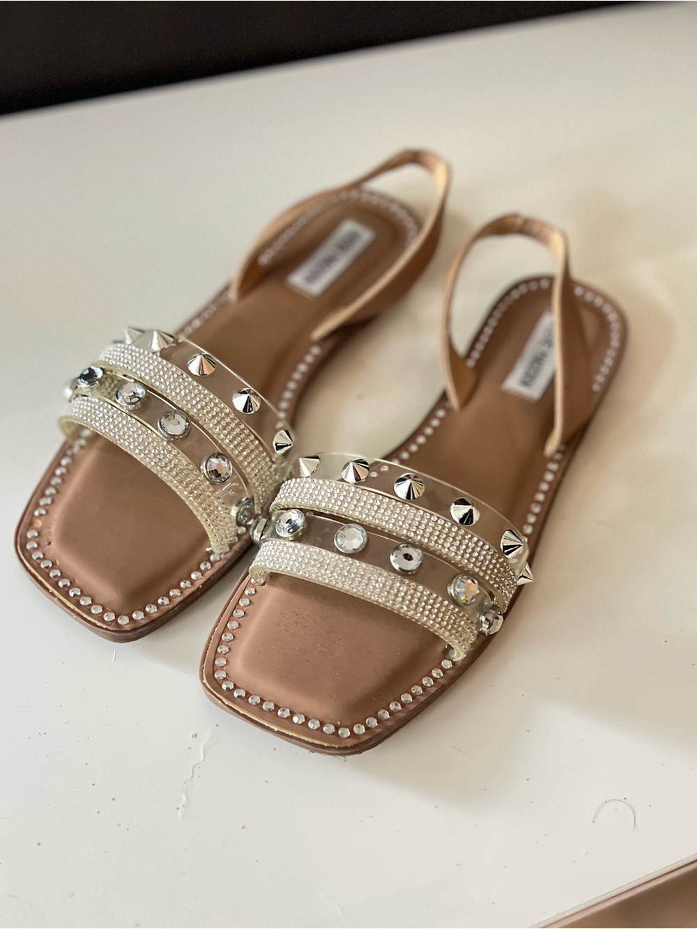 Steve Madden Tan Embellished Slingback Sandals with Silver Studs